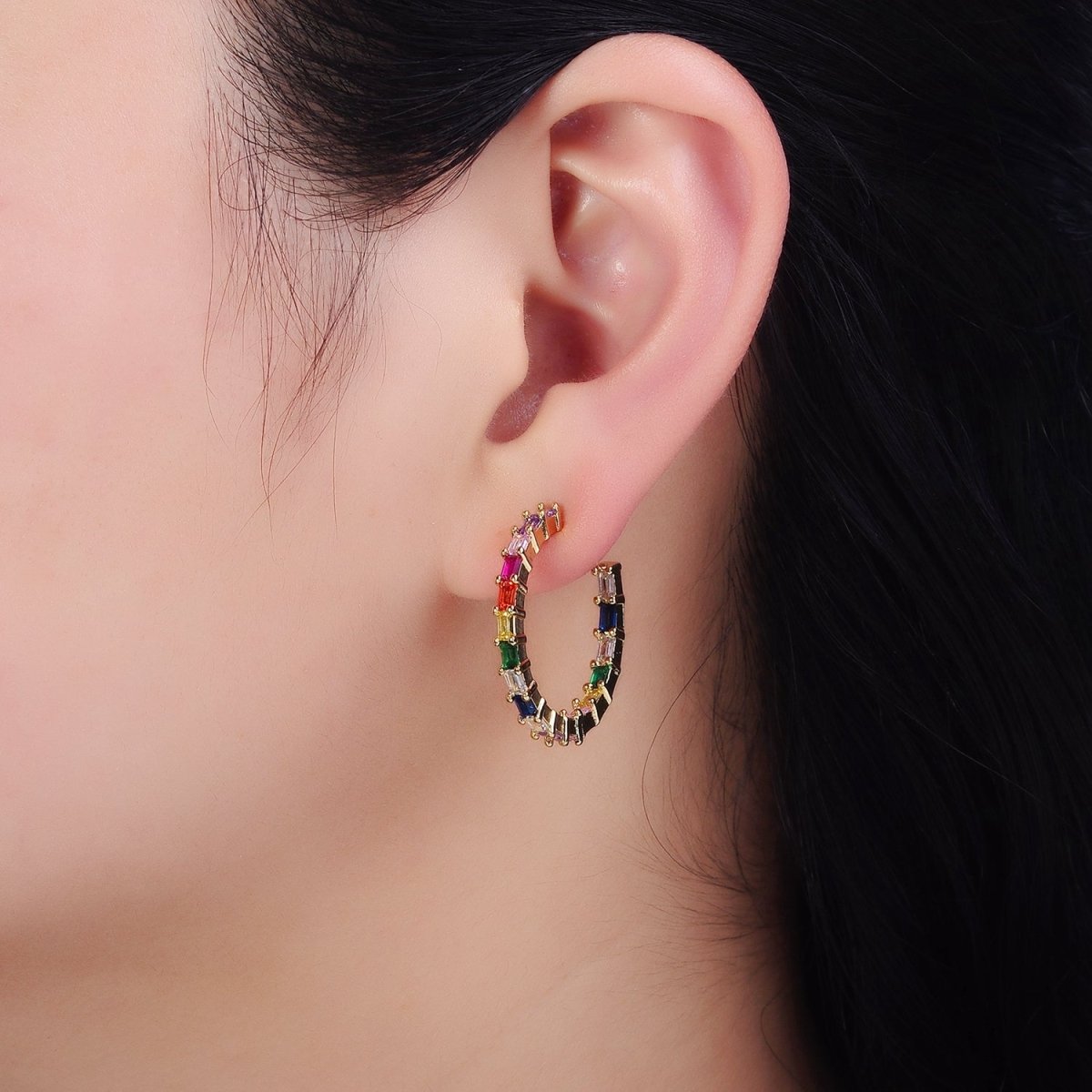 16K Gold Filled 25mm CZ Multicolor Baguette Lined Front-Facing C-Shaped Hoop Earrings