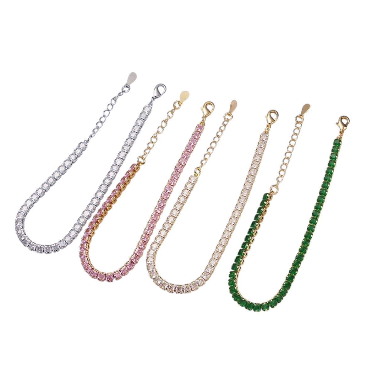 Gorgeous Gold-Filled 3.8mm Pink, Green, Clear CZ Square Princess Cut Tennis 6.5 Inch Bracelet w/Extender in Gold or Silver