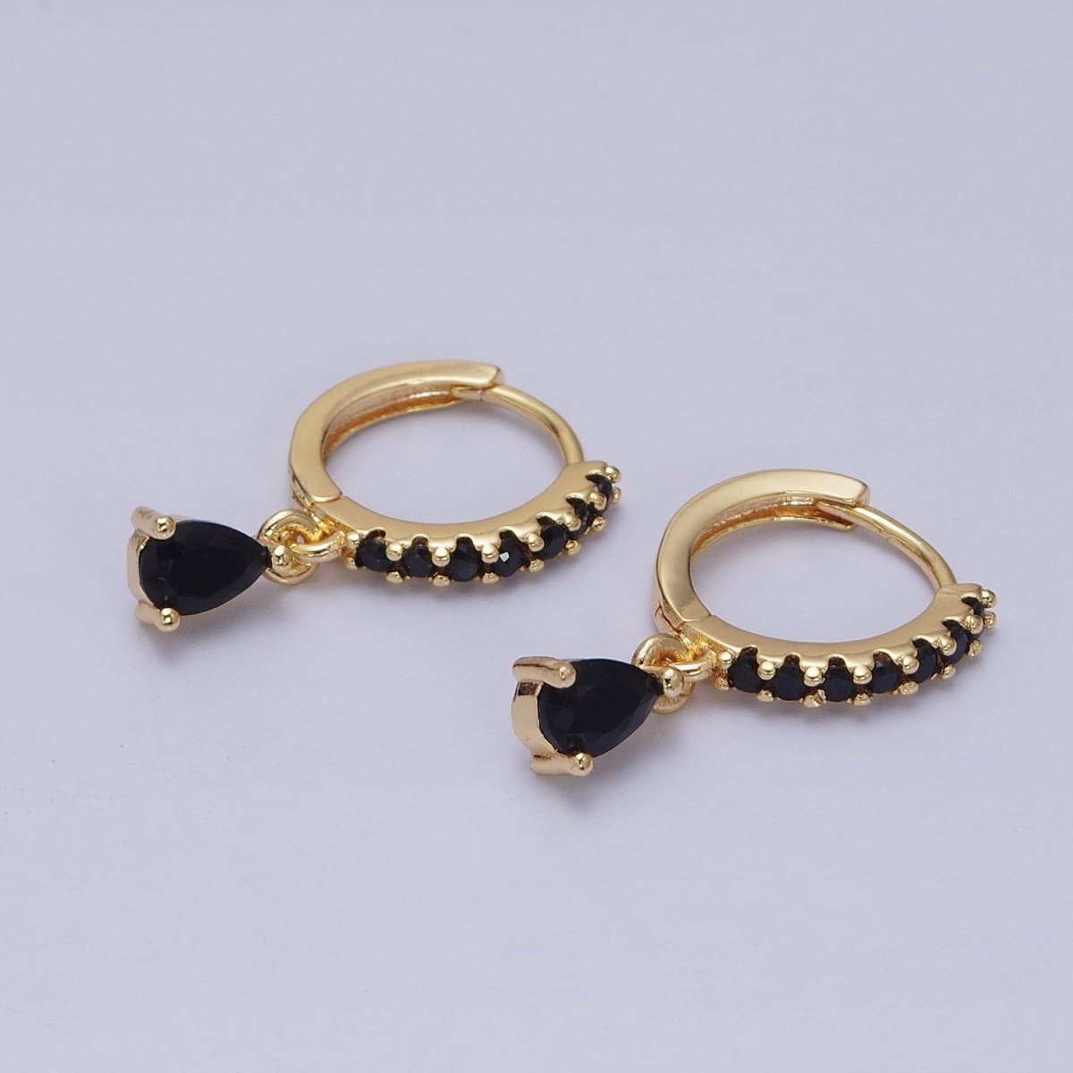 16K Gold Filled Black CZ Teardrop Micro Paved Huggie Earrings in Gold & Silver