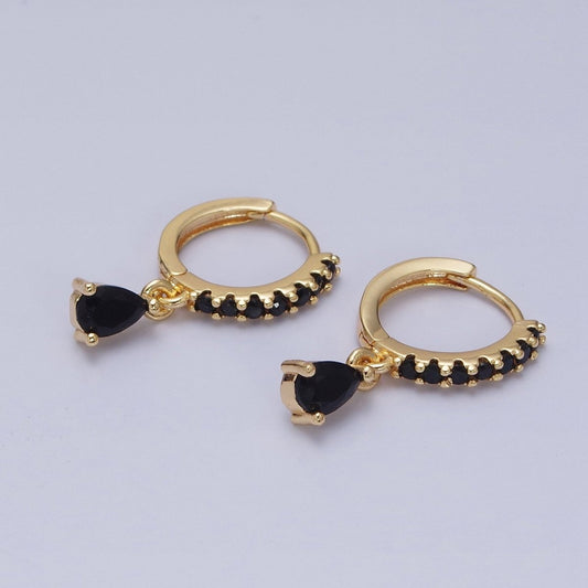 16K Gold Filled Black CZ Teardrop Micro Paved Huggie Earrings in Gold & Silver