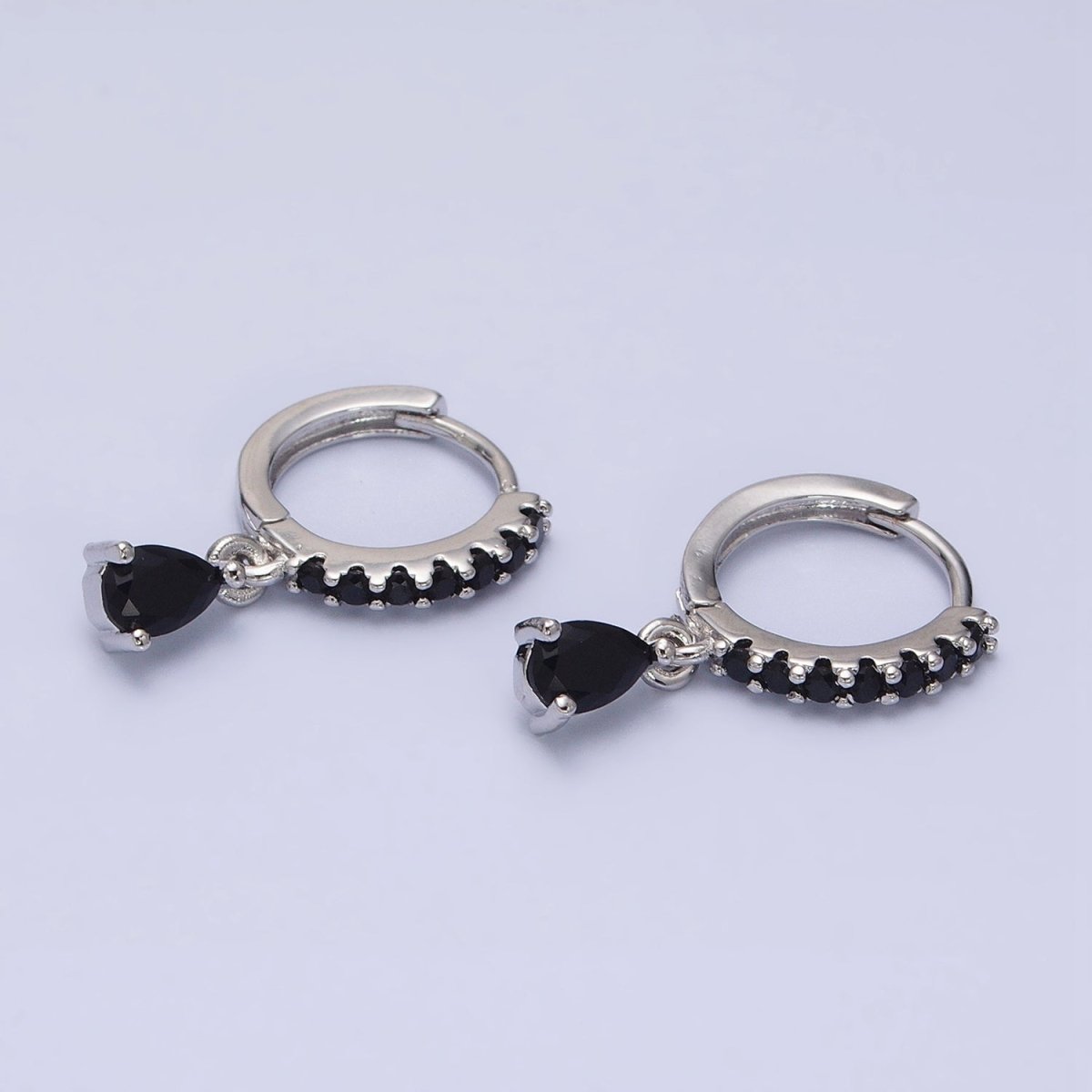16K Gold Filled Black CZ Teardrop Micro Paved Huggie Earrings in Gold & Silver
