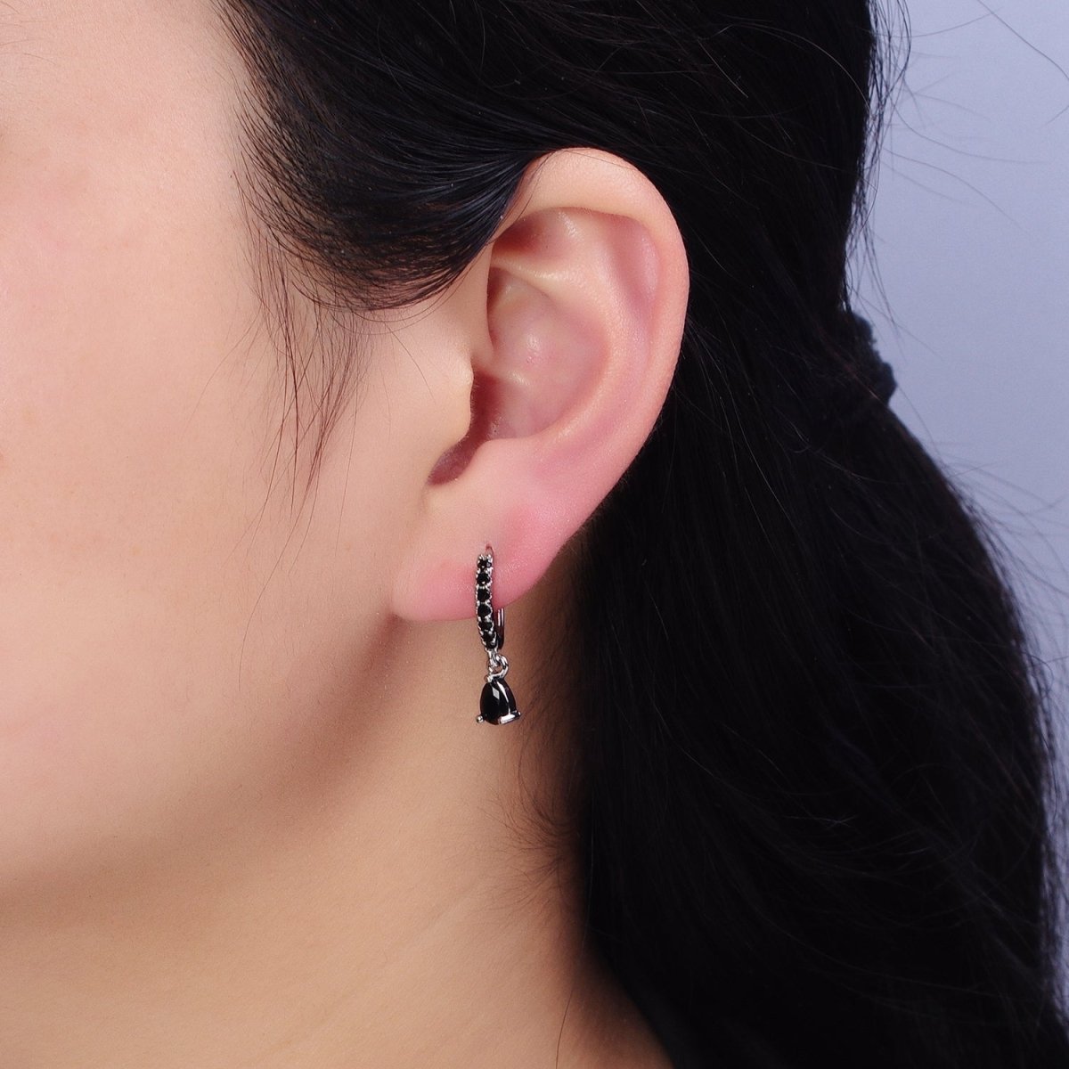 16K Gold Filled Black CZ Teardrop Micro Paved Huggie Earrings in Gold & Silver