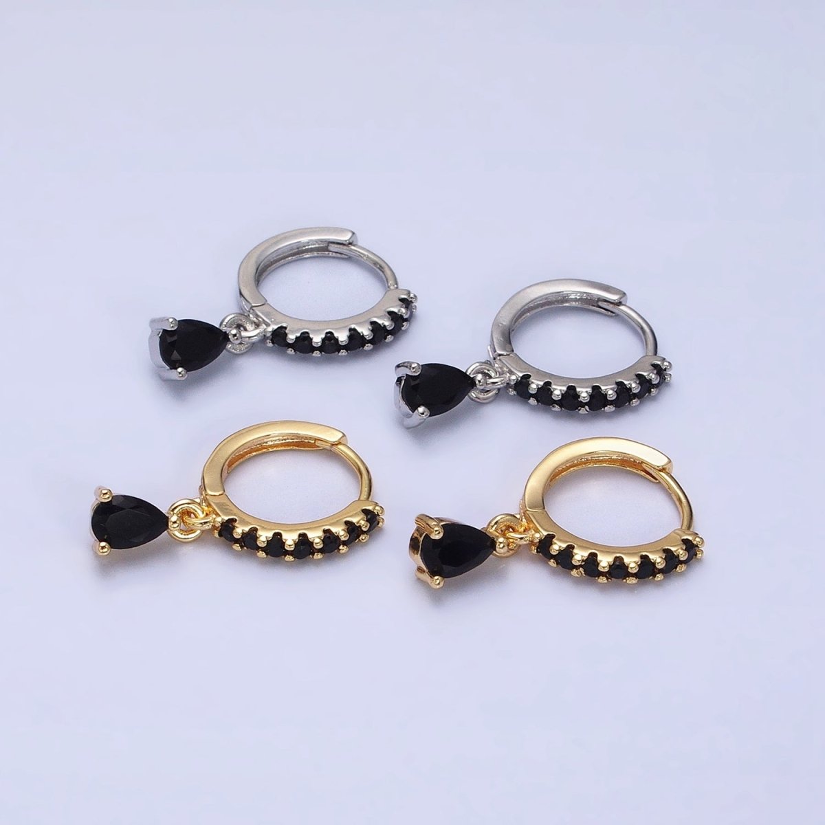16K Gold Filled Black CZ Teardrop Micro Paved Huggie Earrings in Gold & Silver