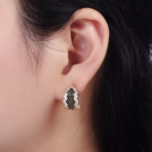 Beautiful 16K Gold Filled Black Micro Paved CZ Baguette Abstract C-Shaped Hoop Earring