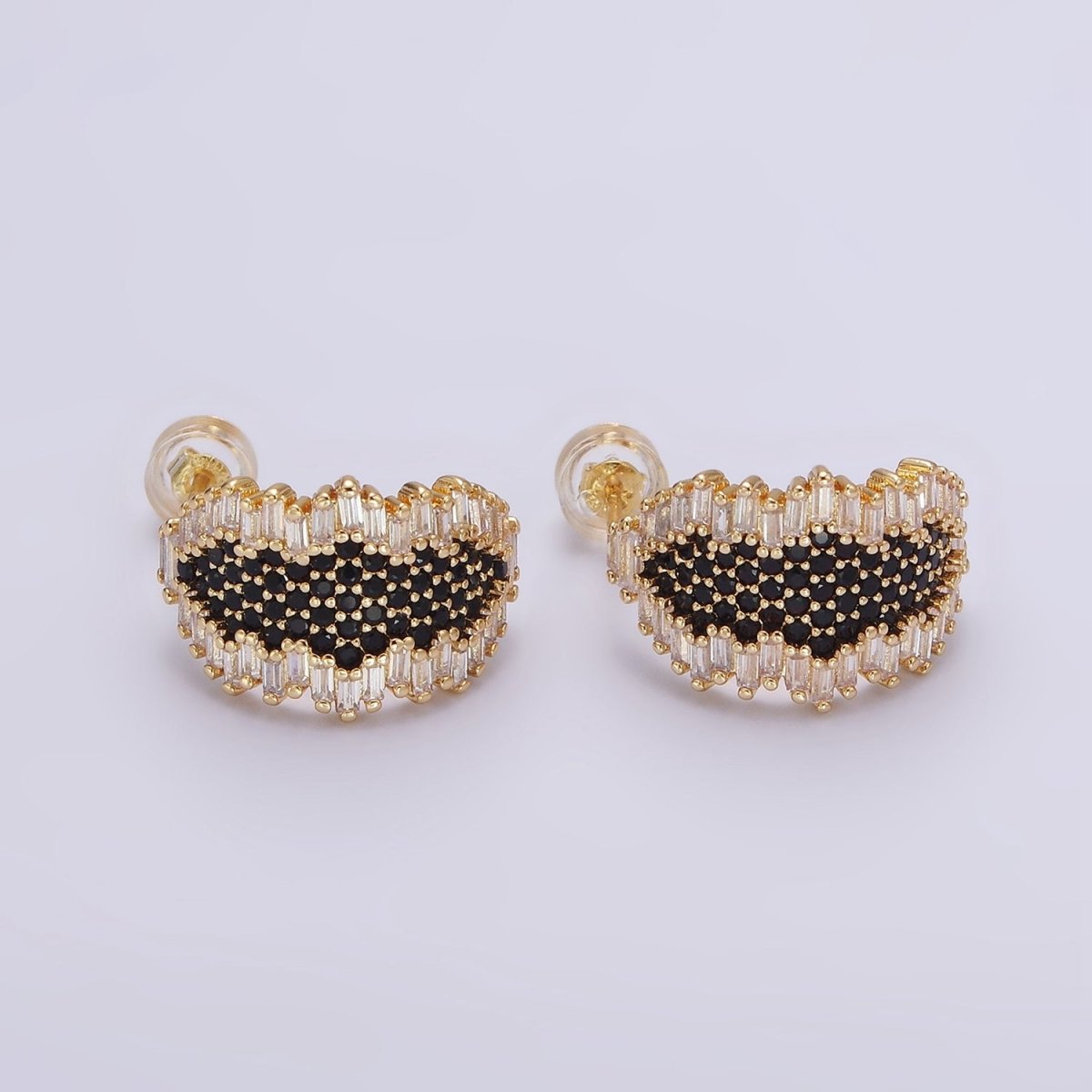 Beautiful 16K Gold Filled Black Micro Paved CZ Baguette Abstract C-Shaped Hoop Earring