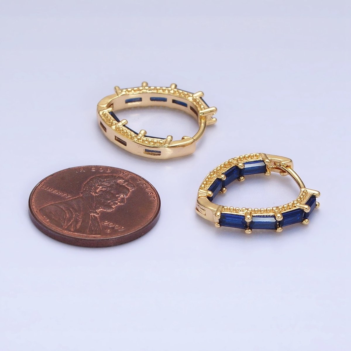 Beautiful 16K Gold Filled Blue or Green Baguette CZ Front-Sided Triangle Hoop Earrings in Gold & Silver