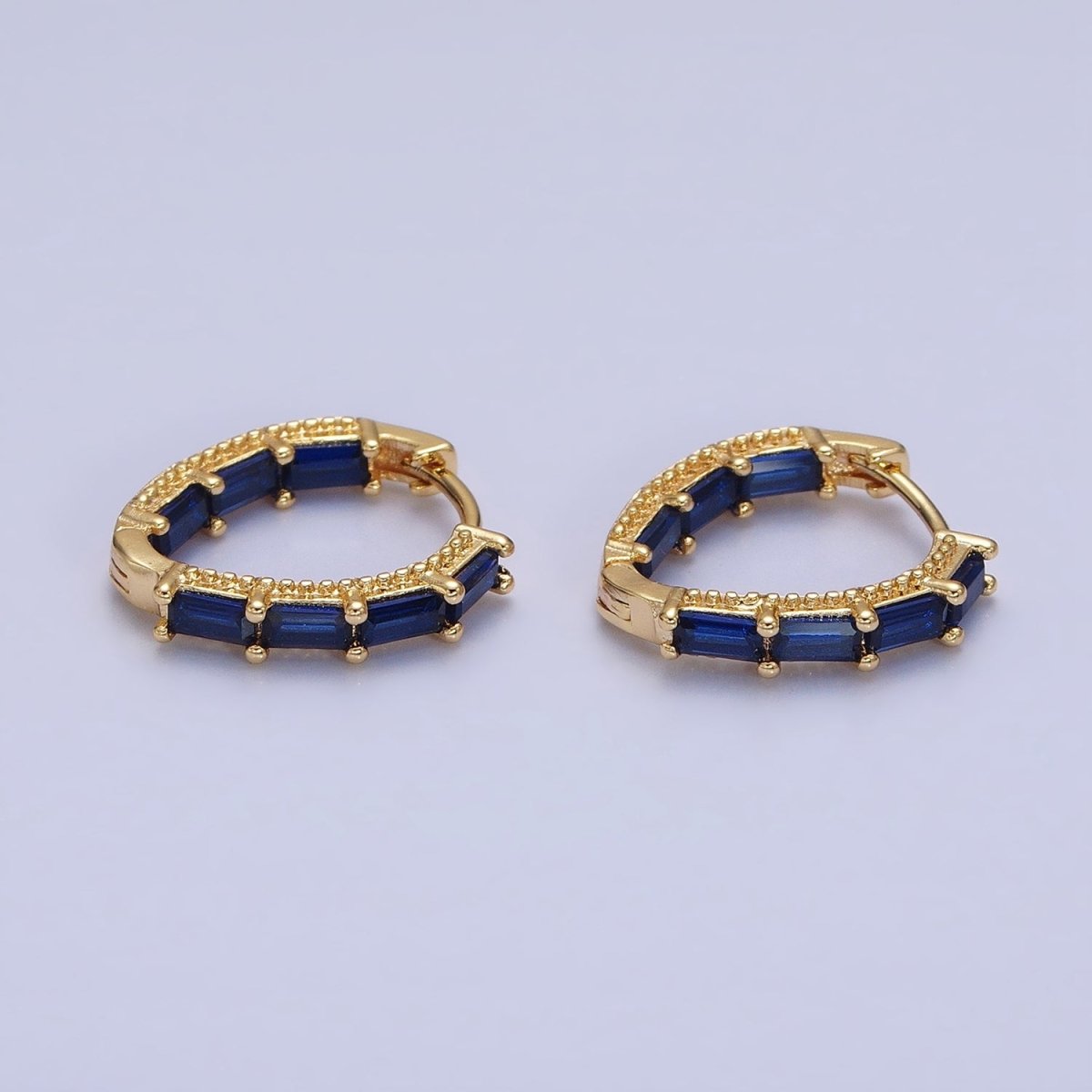 Beautiful 16K Gold Filled Blue or Green Baguette CZ Front-Sided Triangle Hoop Earrings in Gold & Silver
