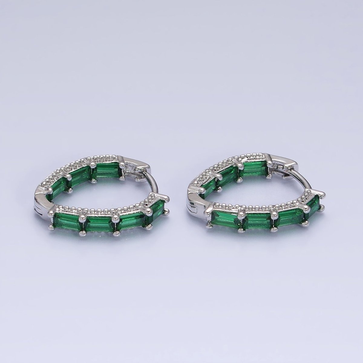 Beautiful 16K Gold Filled Blue or Green Baguette CZ Front-Sided Triangle Hoop Earrings in Gold & Silver