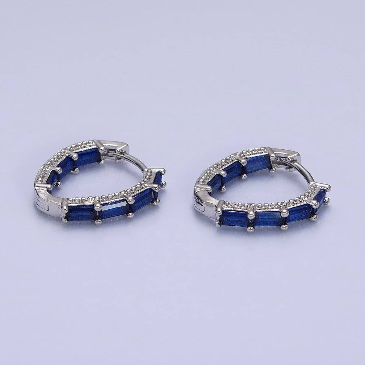 Beautiful 16K Gold Filled Blue or Green Baguette CZ Front-Sided Triangle Hoop Earrings in Gold & Silver