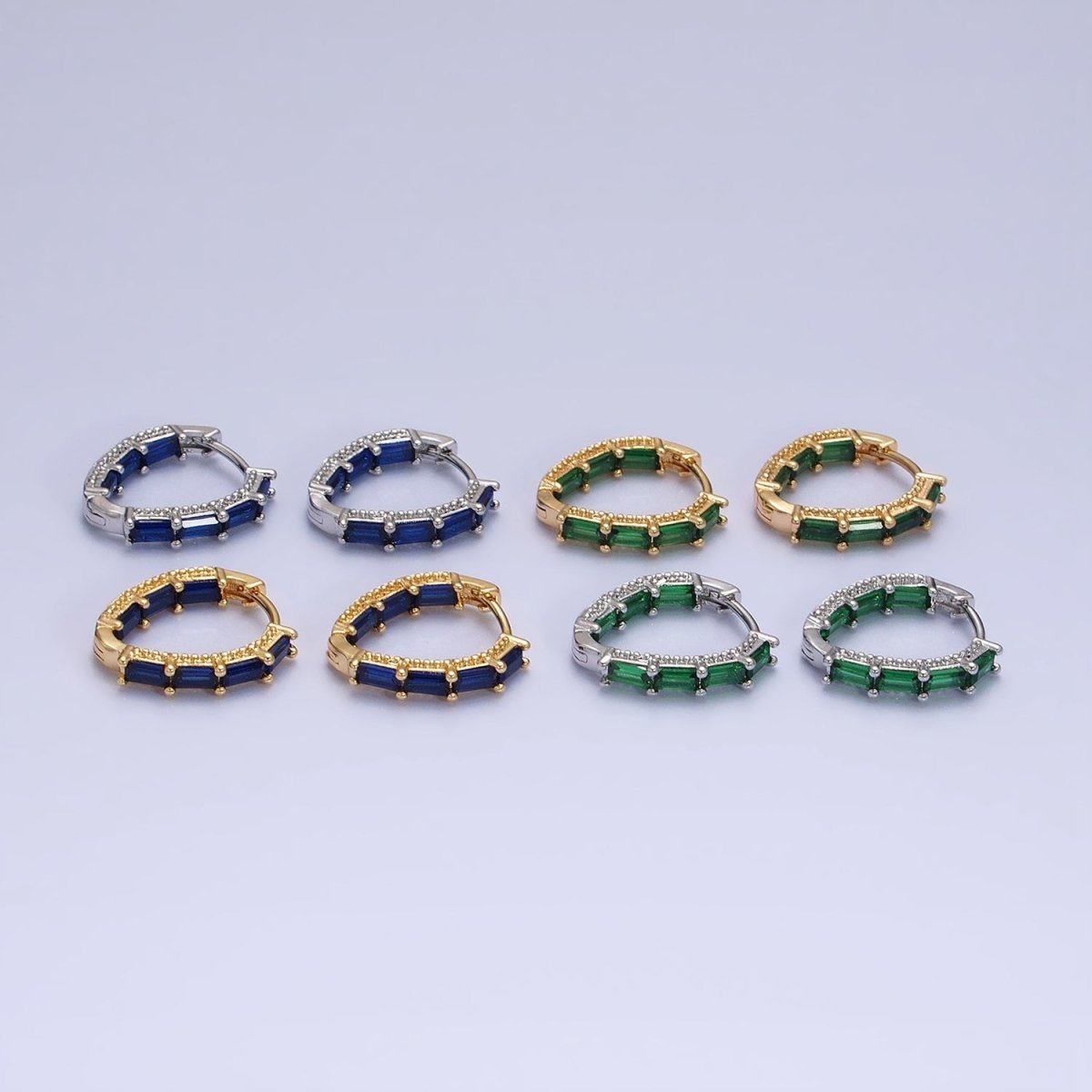 Beautiful 16K Gold Filled Blue or Green Baguette CZ Front-Sided Triangle Hoop Earrings in Gold & Silver