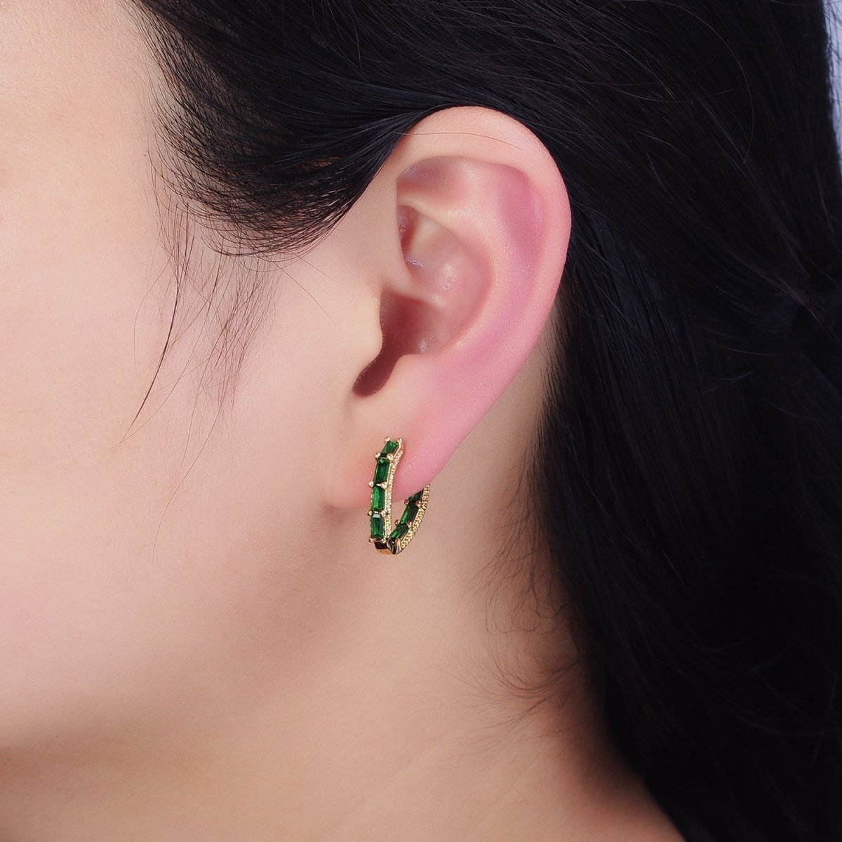 Beautiful 16K Gold Filled Blue or Green Baguette CZ Front-Sided Triangle Hoop Earrings in Gold & Silver