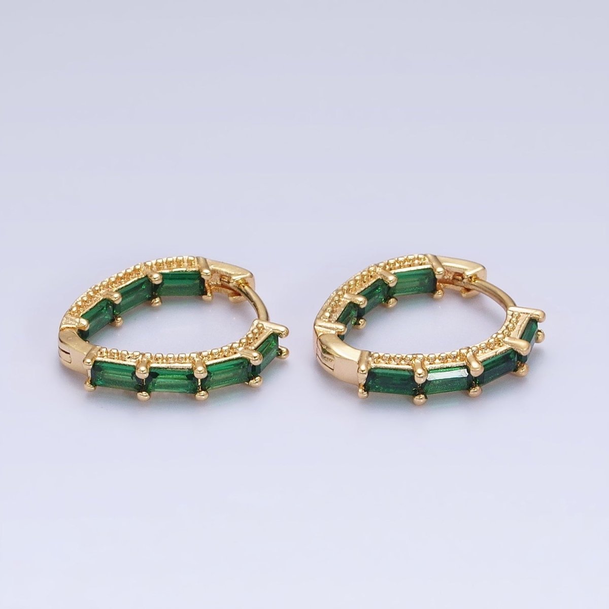 Beautiful 16K Gold Filled Blue or Green Baguette CZ Front-Sided Triangle Hoop Earrings in Gold & Silver