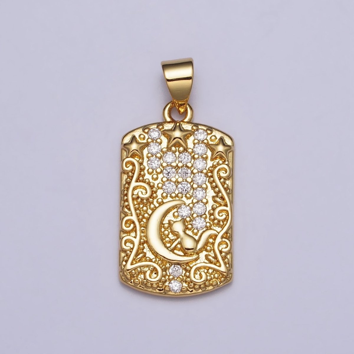 Gold-Filled Cat Animal Celestial Crescent Moon Clear CZ Micro Pave Rectangular Tag Pendant