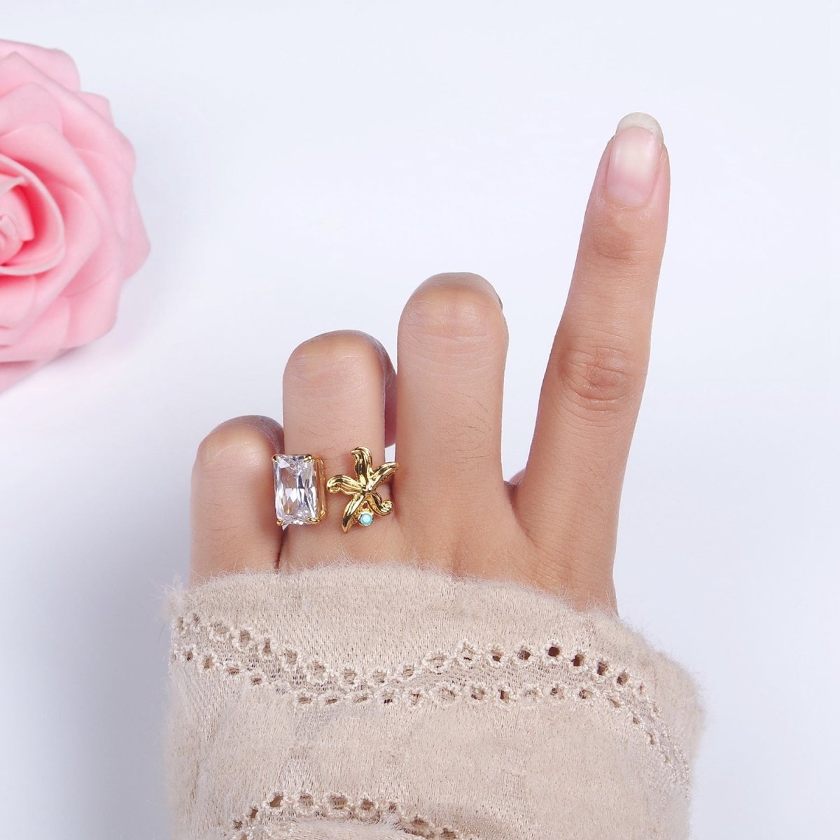 16K Gold Filled Clear Baguette CZ Turquoise Starfish Open Ring
