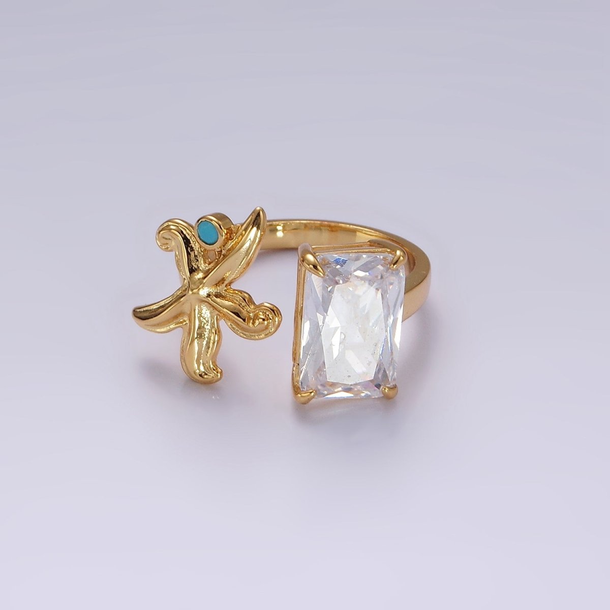 16K Gold Filled Clear Baguette CZ Turquoise Starfish Open Ring