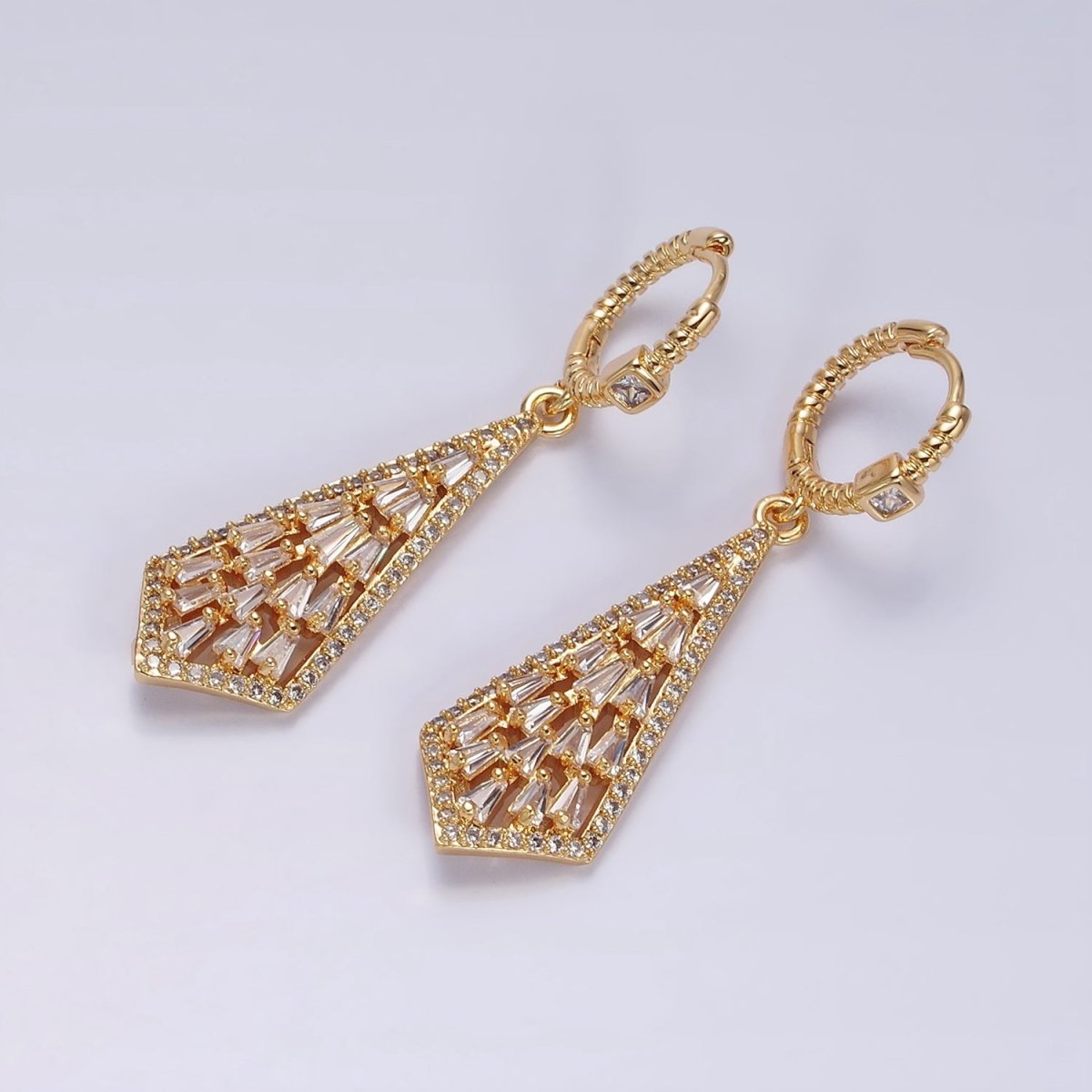 16K Gold Filled Clear Baguette Geometric Drop Twisted Square CZ Huggie Earrings in Gold & Silver