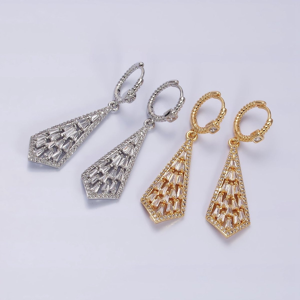 16K Gold Filled Clear Baguette Geometric Drop Twisted Square CZ Huggie Earrings in Gold & Silver