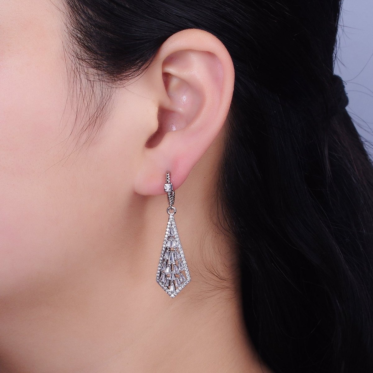 16K Gold Filled Clear Baguette Geometric Drop Twisted Square CZ Huggie Earrings in Gold & Silver