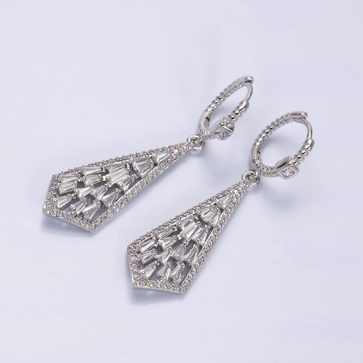 16K Gold Filled Clear Baguette Geometric Drop Twisted Square CZ Huggie Earrings in Gold & Silver