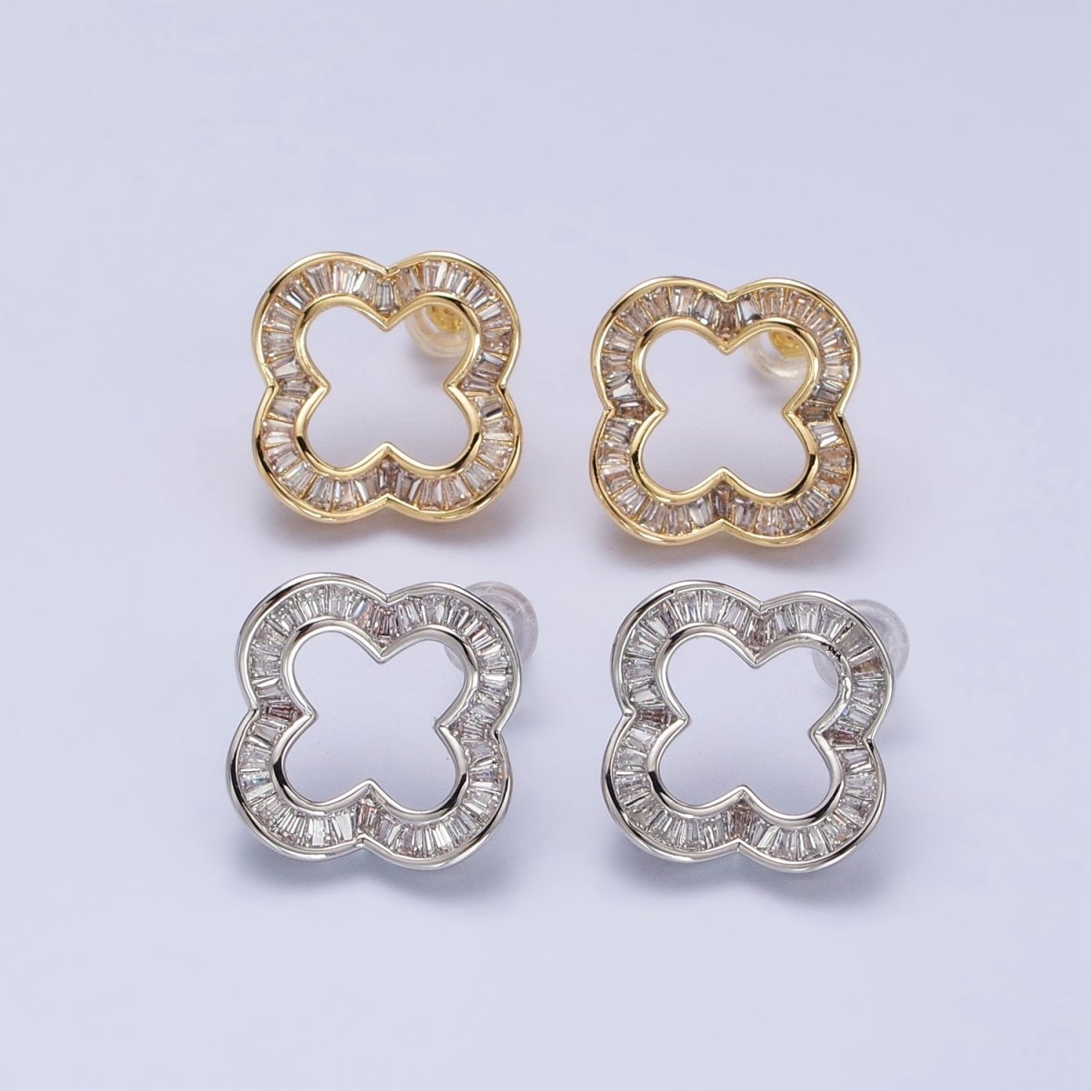 Gorgeous Everyday Gold-Filled Clear Baguette Open Quatrefoil Clover Stud Earrings in Gold or Silver