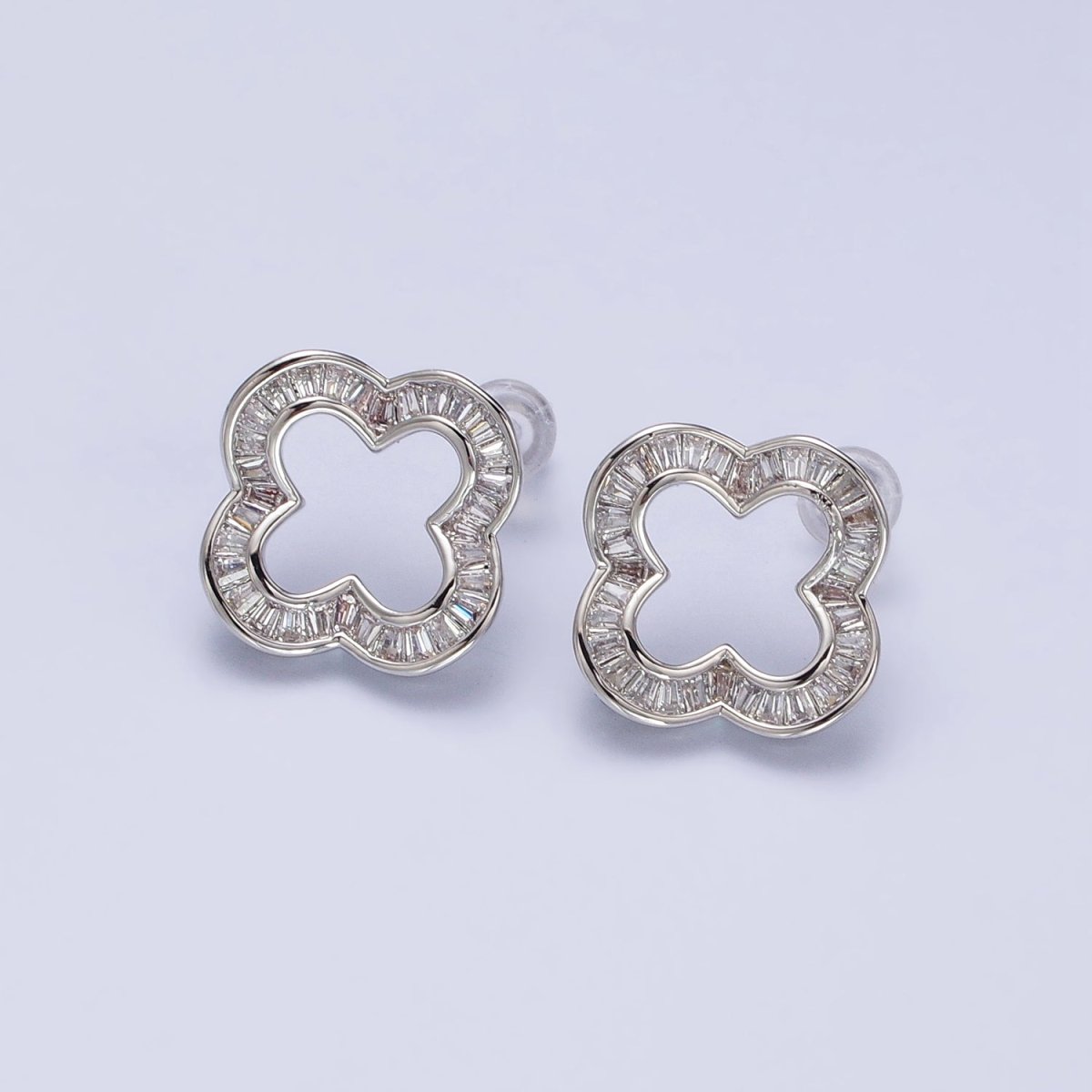 Gorgeous Everyday Gold-Filled Clear Baguette Open Quatrefoil Clover Stud Earrings in Gold or Silver