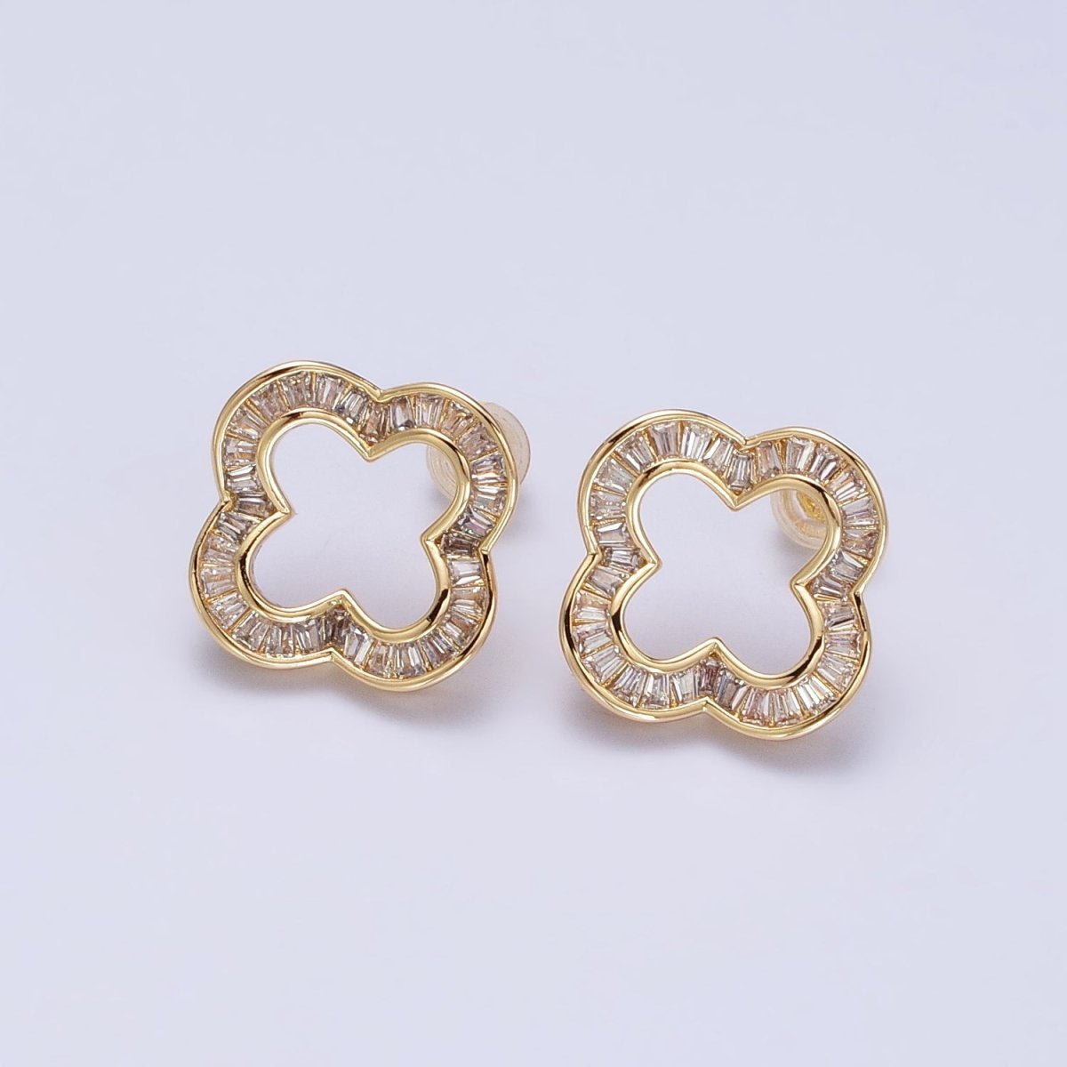 Gorgeous Everyday Gold-Filled Clear Baguette Open Quatrefoil Clover Stud Earrings in Gold or Silver