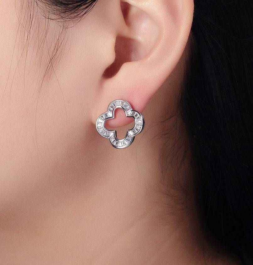 Gorgeous Everyday Gold-Filled Clear Baguette Open Quatrefoil Clover Stud Earrings in Gold or Silver