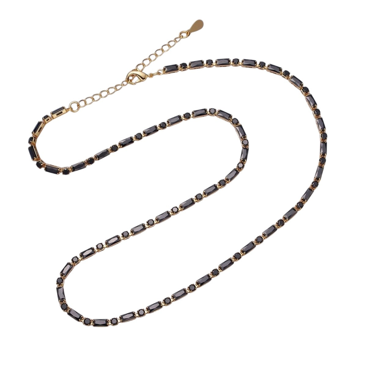 Stunning 16K Gold Filled Clear Black Checkered 2.5mm Baguette Round CZ 17 Inch Tennis Chain Necklace