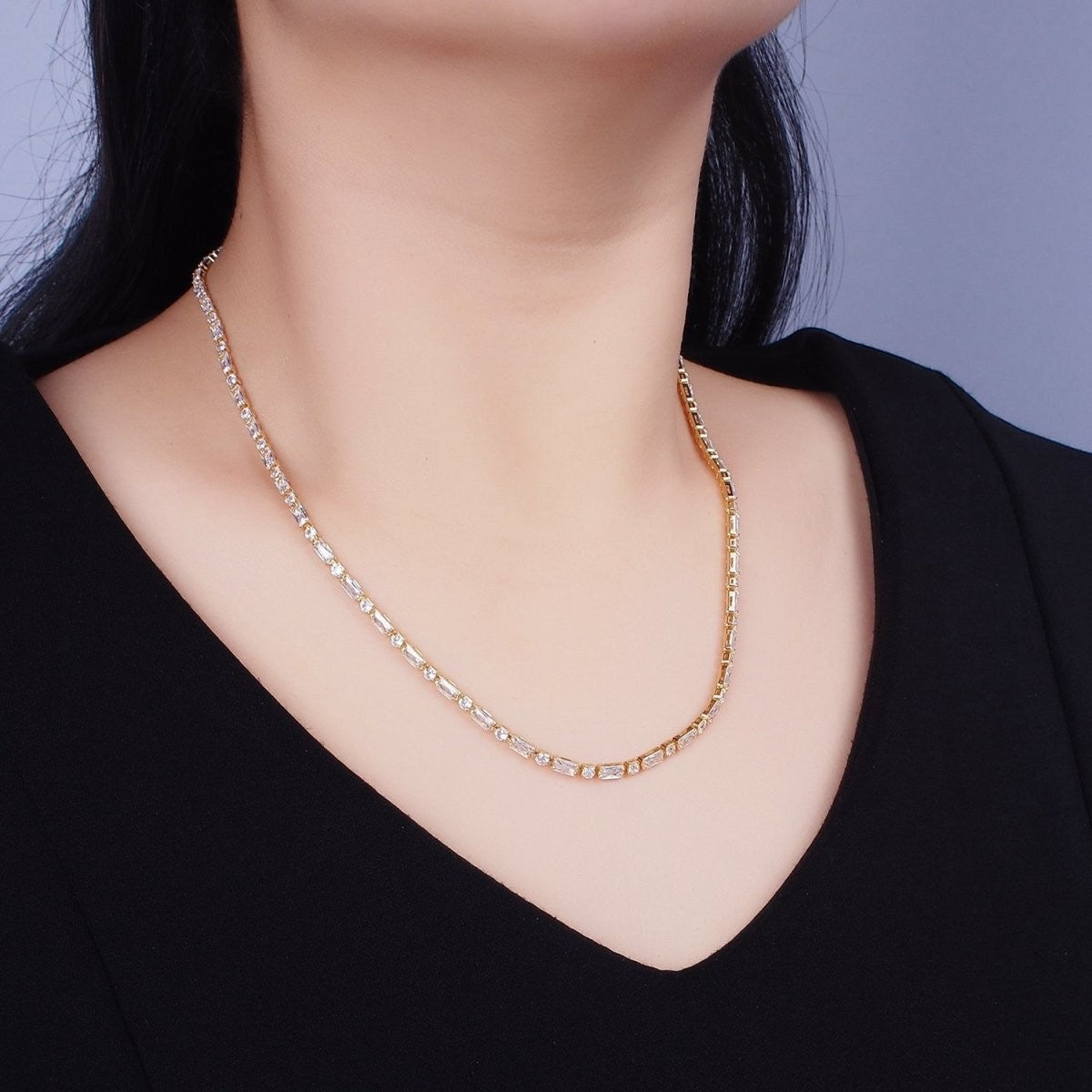 Stunning 16K Gold Filled Clear Black Checkered 2.5mm Baguette Round CZ 17 Inch Tennis Chain Necklace