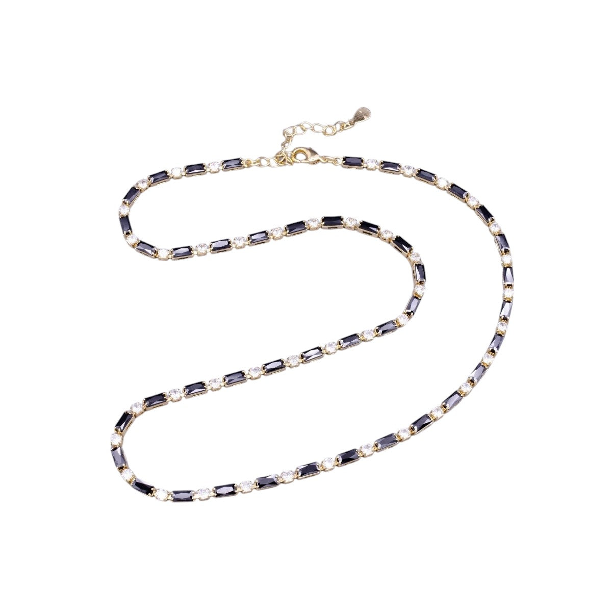 Stunning 16K Gold Filled Clear Black Checkered 2.5mm Baguette Round CZ 17 Inch Tennis Chain Necklace