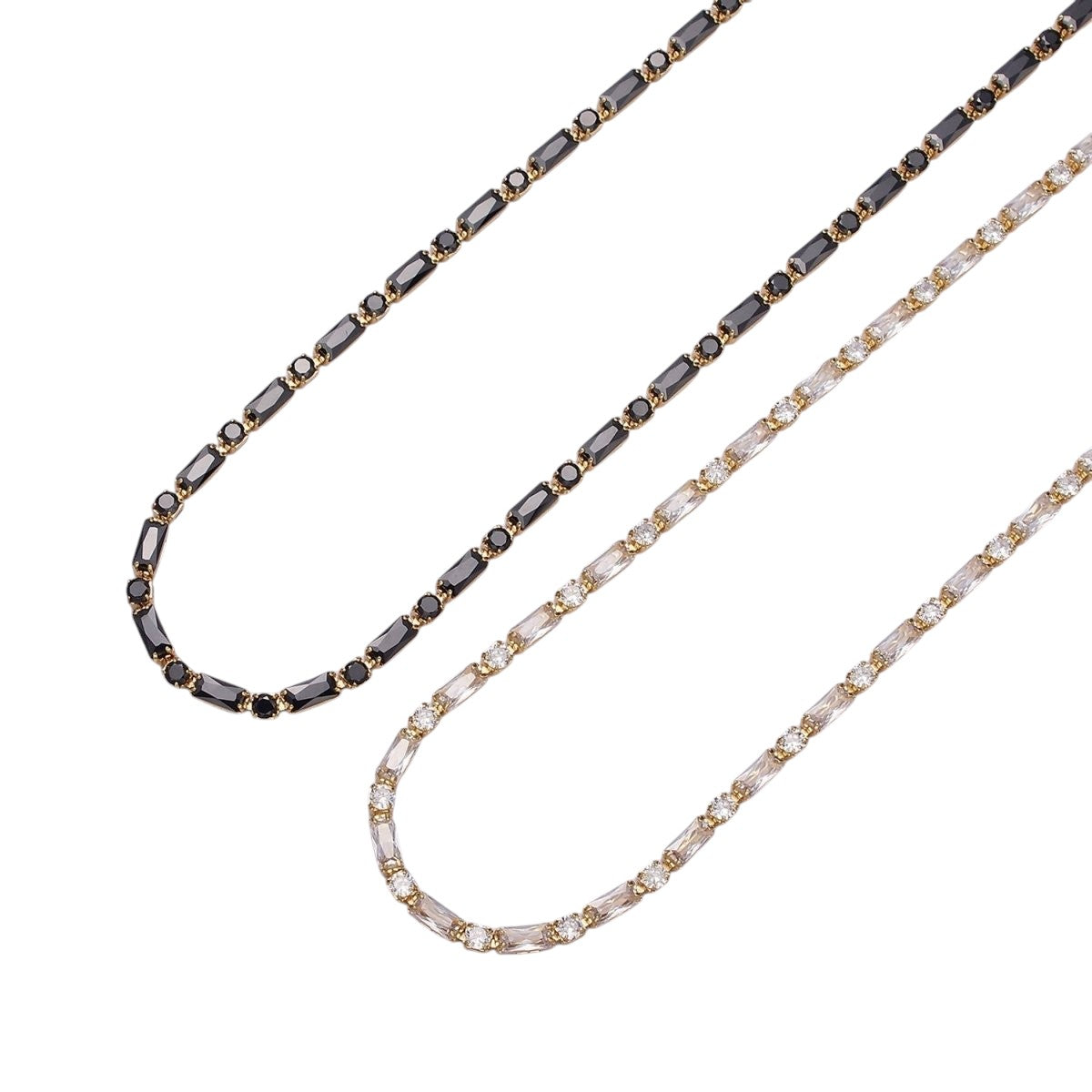 Stunning 16K Gold Filled Clear Black Checkered 2.5mm Baguette Round CZ 17 Inch Tennis Chain Necklace