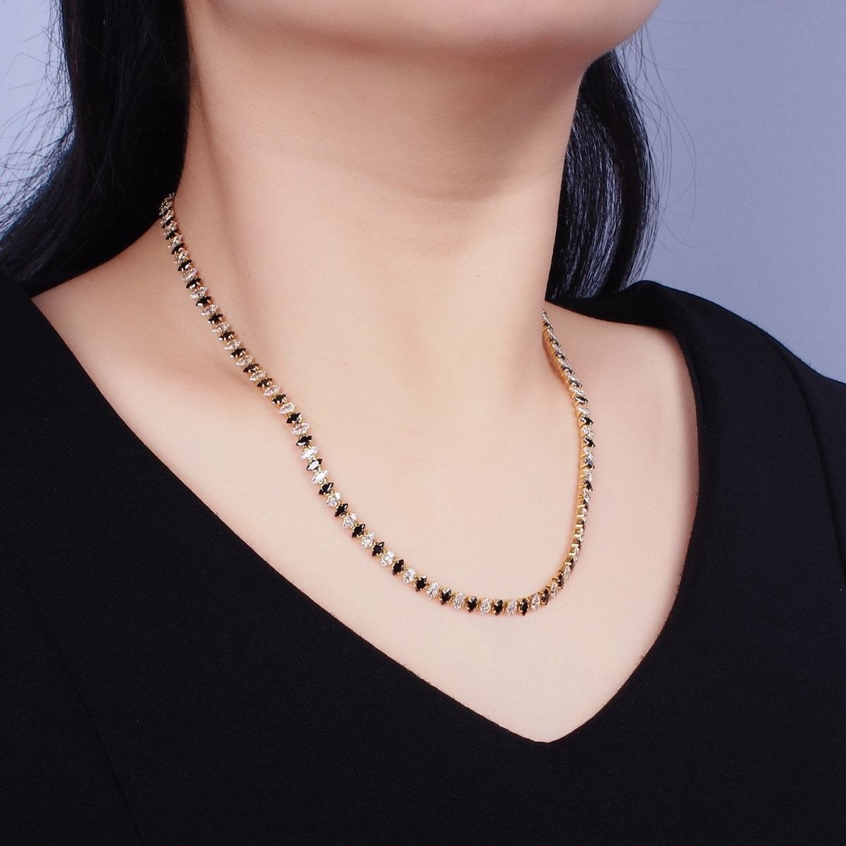 Stunning 16K Gold Filled Clear, Black, Checkered 5mm Marquise CZ 17 Inch Tennis Chain Necklace