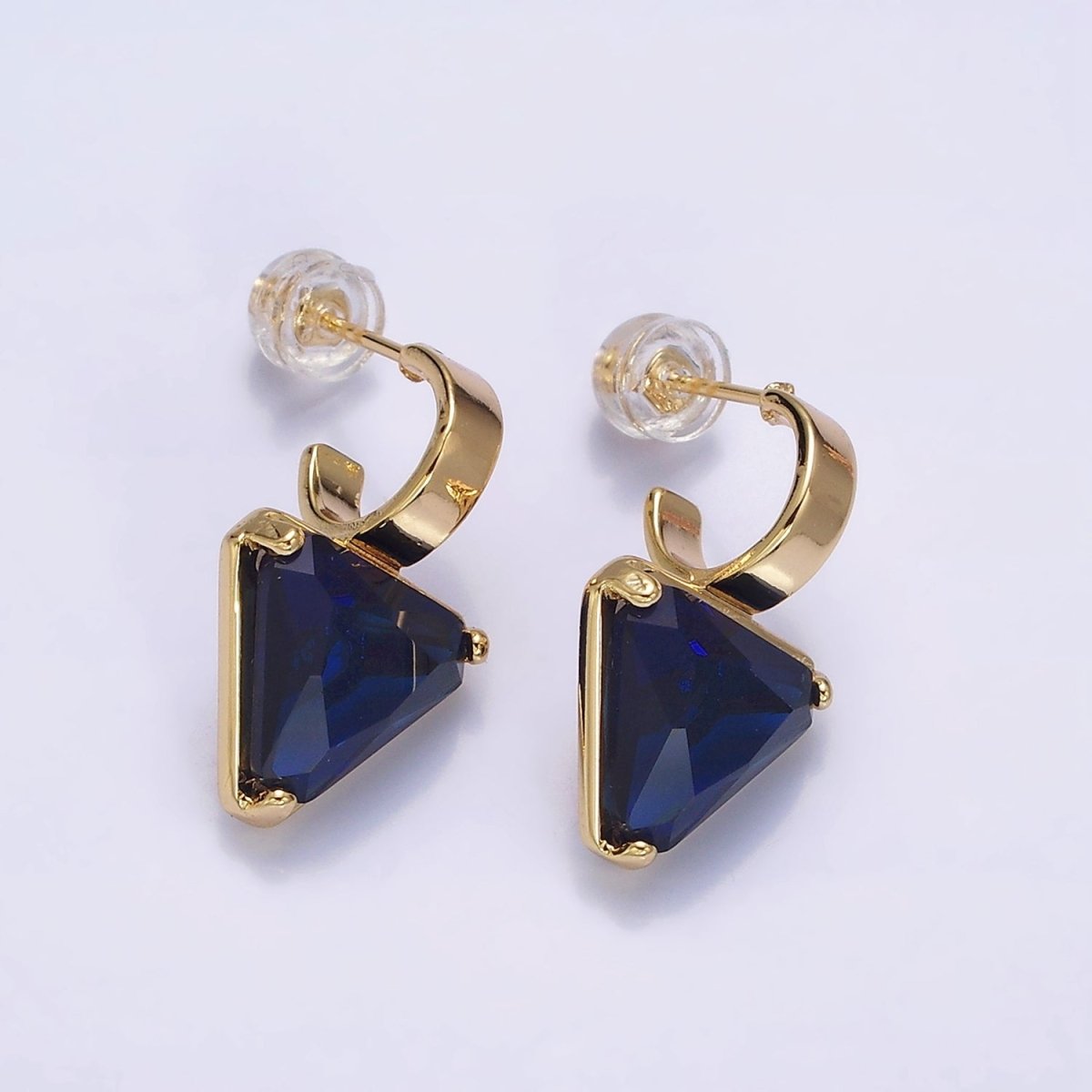 Minimalist Gold-Filled Clear, Blue, Red, Purple, Green, Pink CZ Triangle Drop C-Shaped Hoop Earrings in Gold or Silver