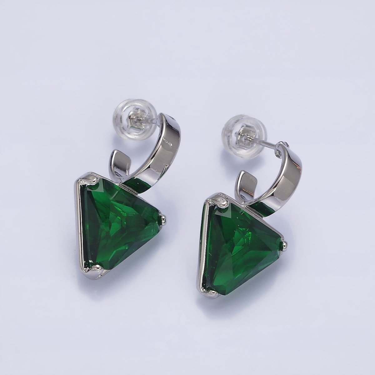 Minimalist Gold-Filled Clear, Blue, Red, Purple, Green, Pink CZ Triangle Drop C-Shaped Hoop Earrings in Gold or Silver