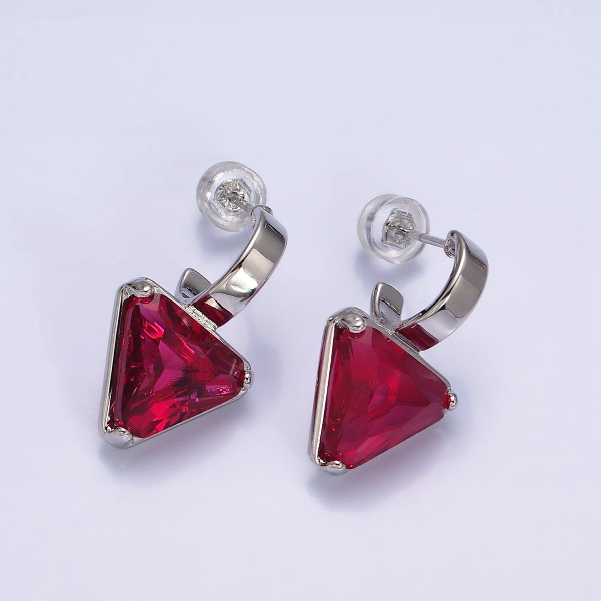Minimalist Gold-Filled Clear, Blue, Red, Purple, Green, Pink CZ Triangle Drop C-Shaped Hoop Earrings in Gold or Silver