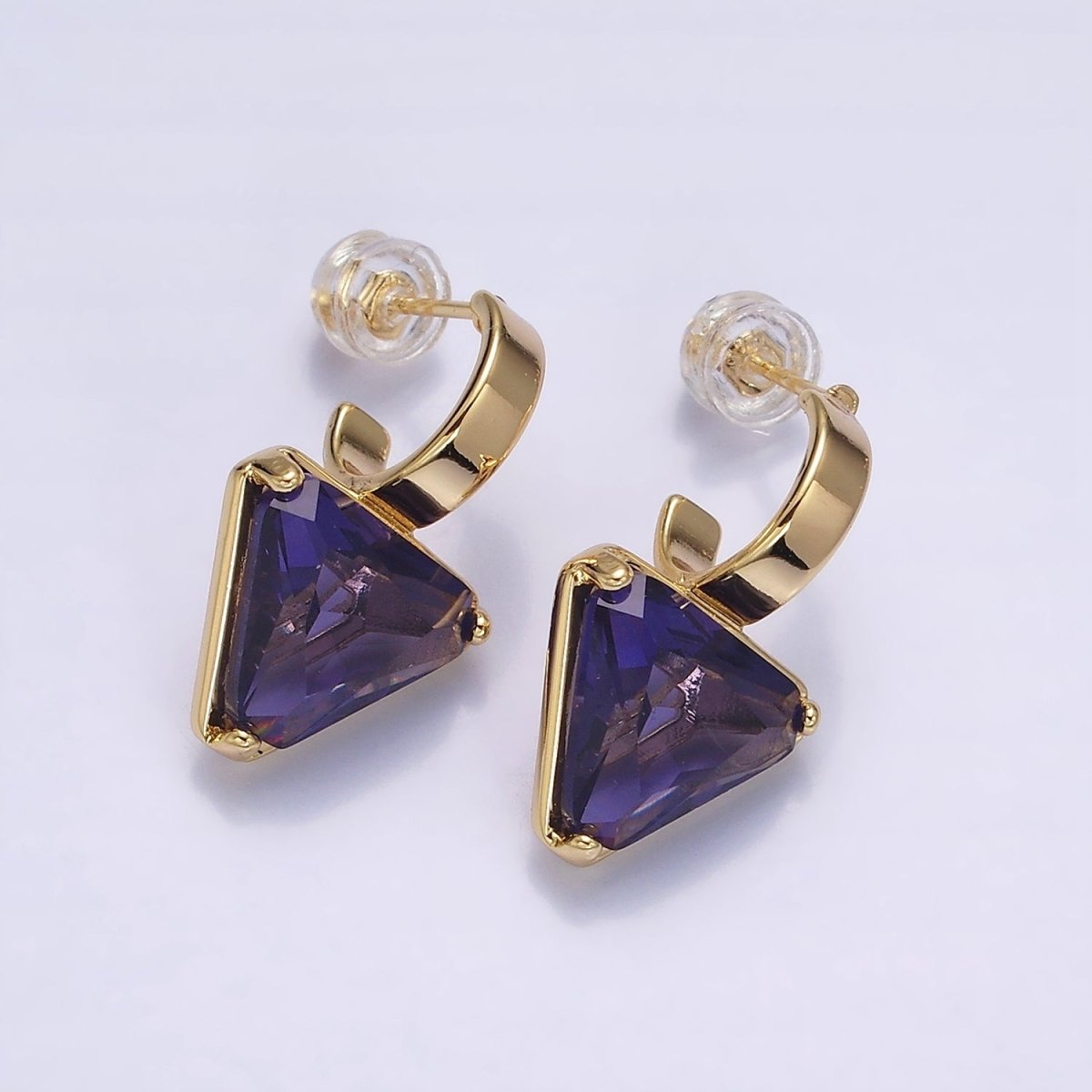 Minimalist Gold-Filled Clear, Blue, Red, Purple, Green, Pink CZ Triangle Drop C-Shaped Hoop Earrings in Gold or Silver