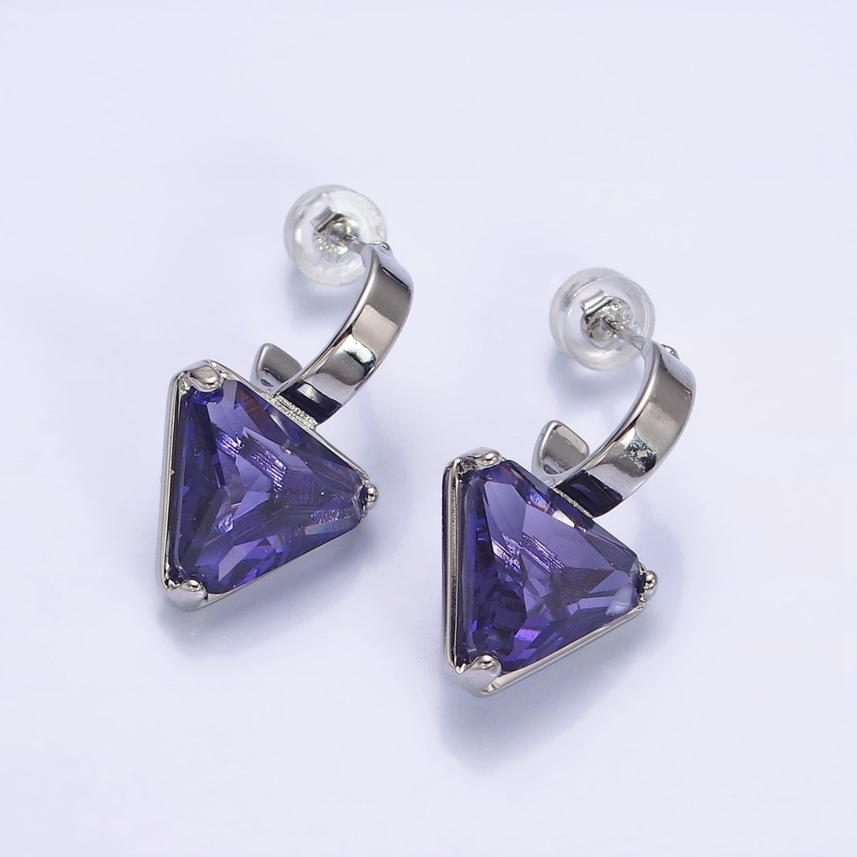 Minimalist Gold-Filled Clear, Blue, Red, Purple, Green, Pink CZ Triangle Drop C-Shaped Hoop Earrings in Gold or Silver