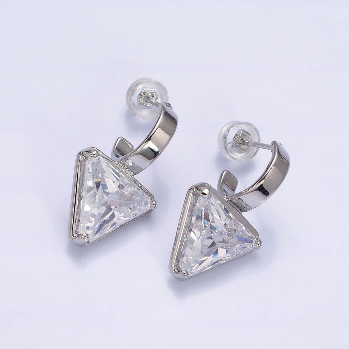 Minimalist Gold-Filled Clear, Blue, Red, Purple, Green, Pink CZ Triangle Drop C-Shaped Hoop Earrings in Gold or Silver