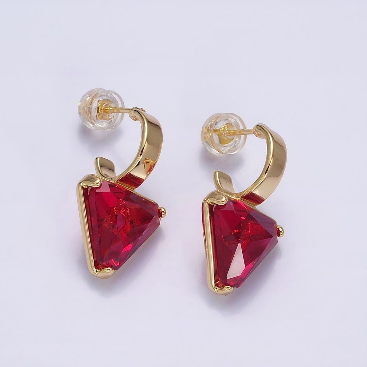 Minimalist Gold-Filled Clear, Blue, Red, Purple, Green, Pink CZ Triangle Drop C-Shaped Hoop Earrings in Gold or Silver
