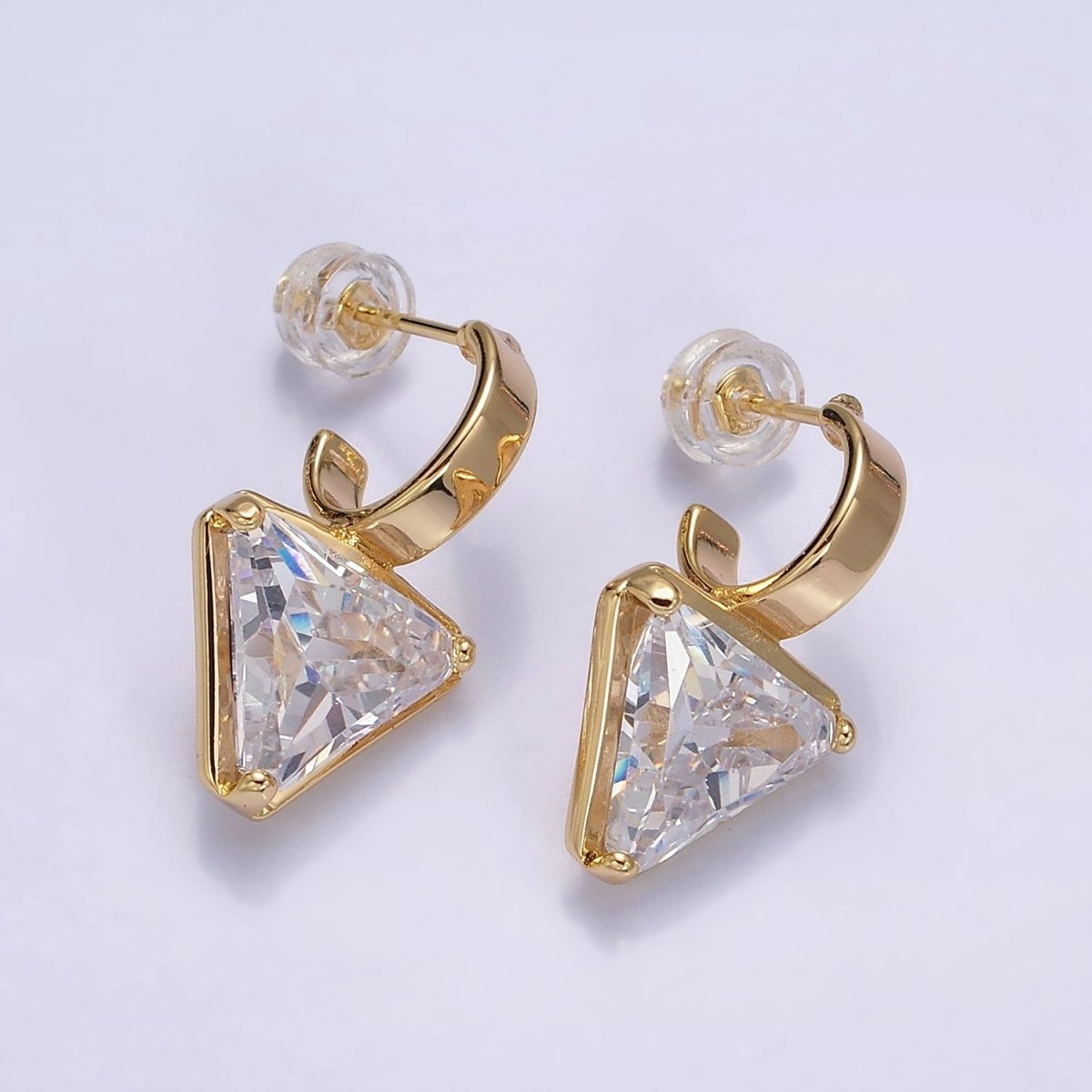 Minimalist Gold-Filled Clear, Blue, Red, Purple, Green, Pink CZ Triangle Drop C-Shaped Hoop Earrings in Gold or Silver