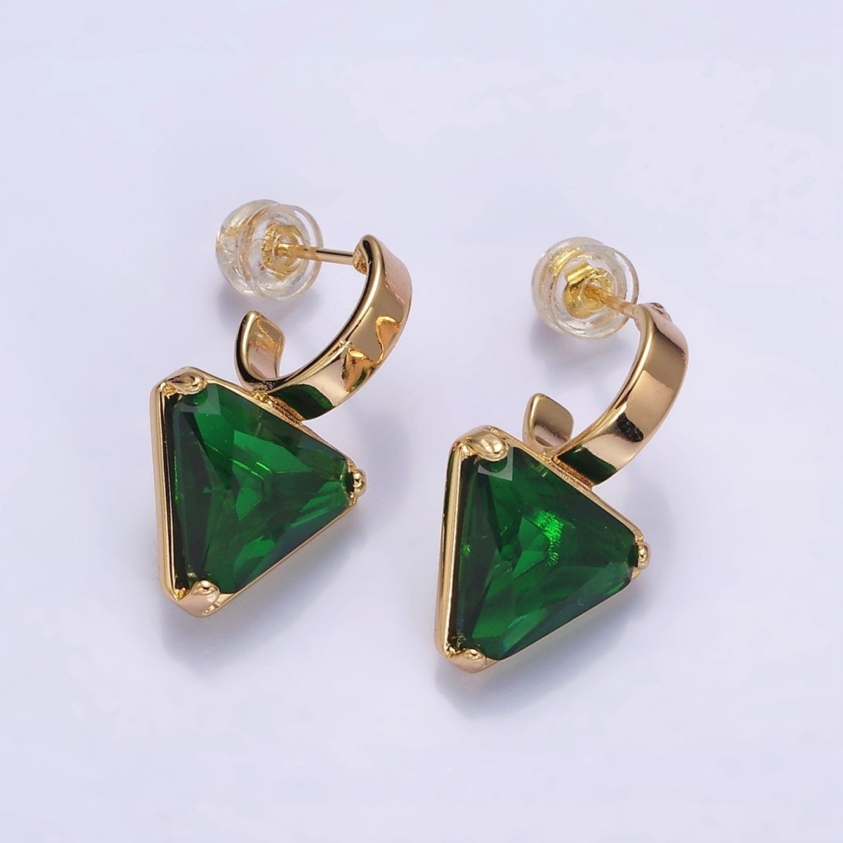Minimalist Gold-Filled Clear, Blue, Red, Purple, Green, Pink CZ Triangle Drop C-Shaped Hoop Earrings in Gold or Silver