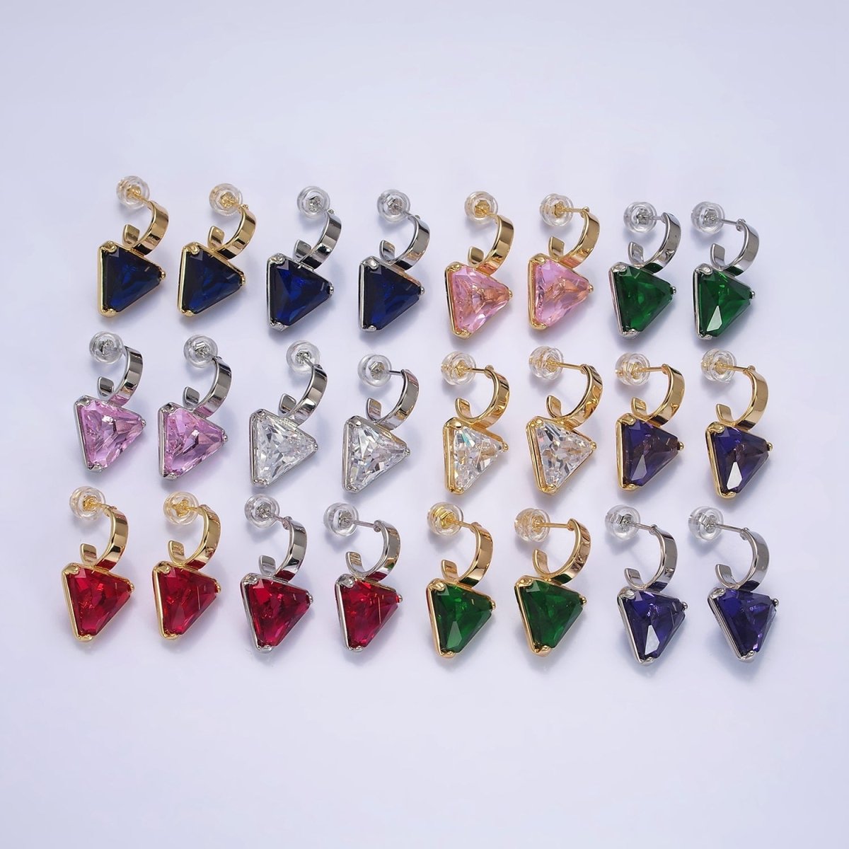 Minimalist Gold-Filled Clear, Blue, Red, Purple, Green, Pink CZ Triangle Drop C-Shaped Hoop Earrings in Gold or Silver