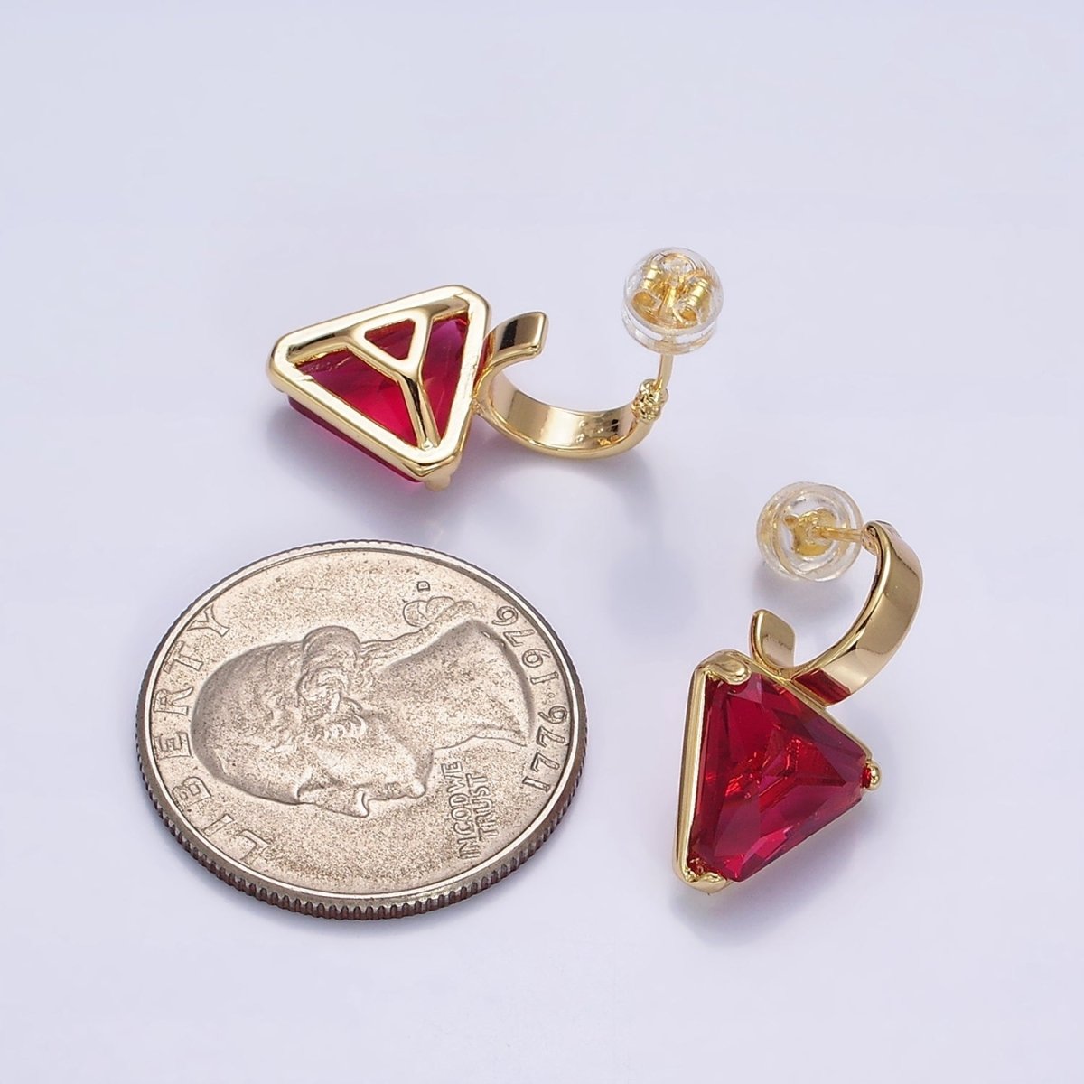 Minimalist Gold-Filled Clear, Blue, Red, Purple, Green, Pink CZ Triangle Drop C-Shaped Hoop Earrings in Gold or Silver