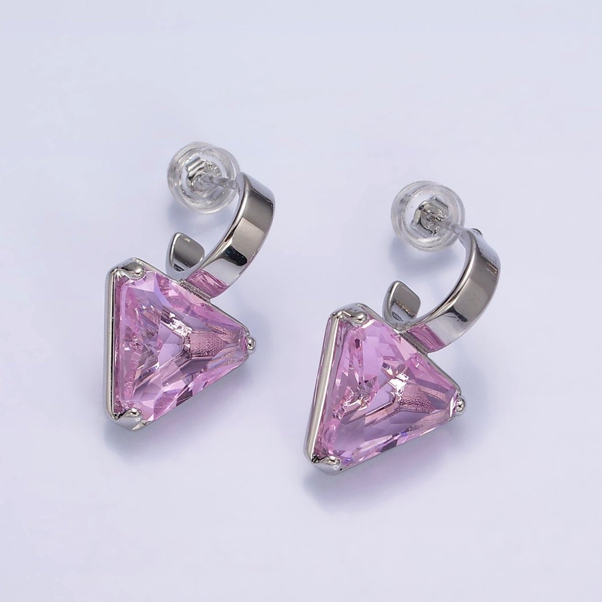 Minimalist Gold-Filled Clear, Blue, Red, Purple, Green, Pink CZ Triangle Drop C-Shaped Hoop Earrings in Gold or Silver
