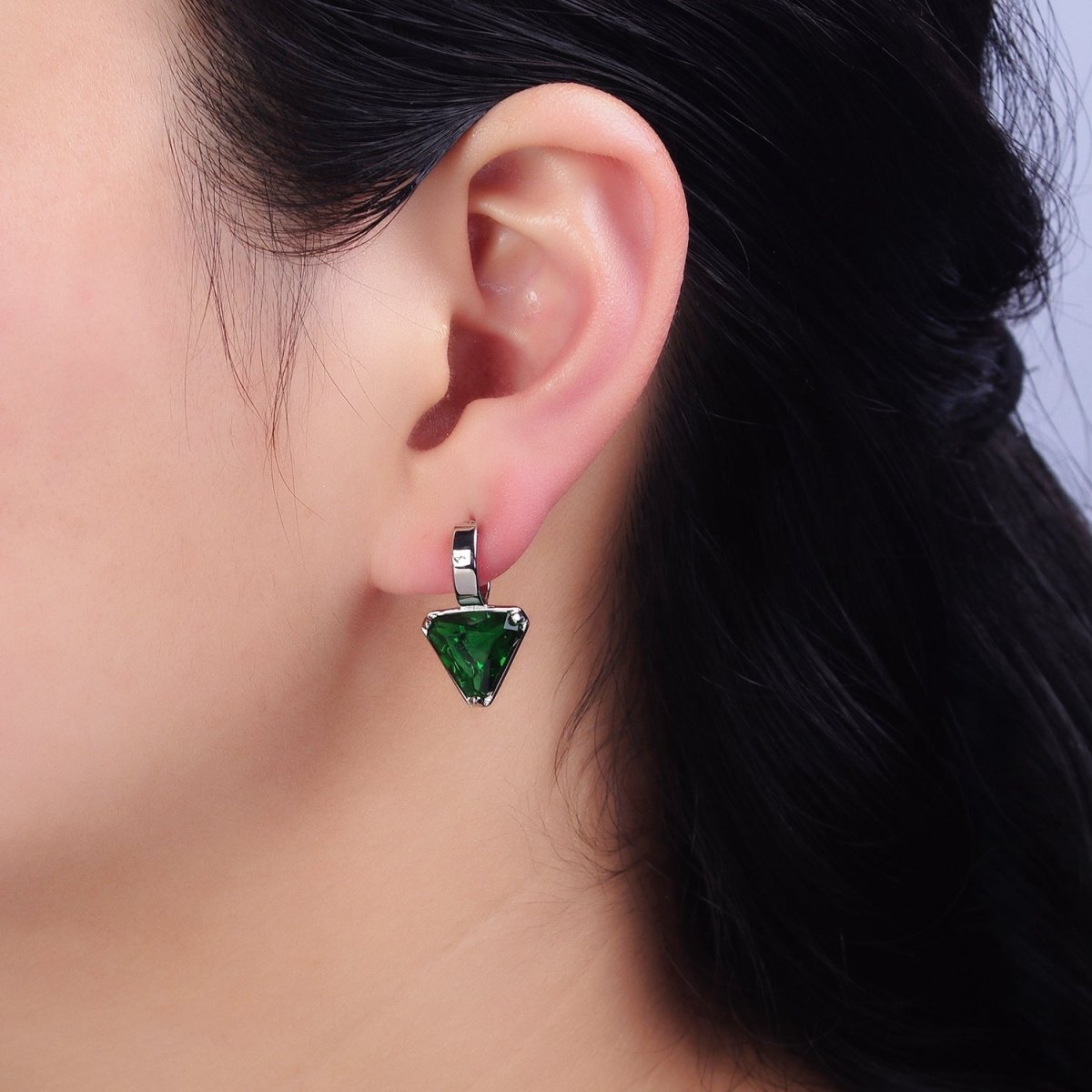 Minimalist Gold-Filled Clear, Blue, Red, Purple, Green, Pink CZ Triangle Drop C-Shaped Hoop Earrings in Gold or Silver