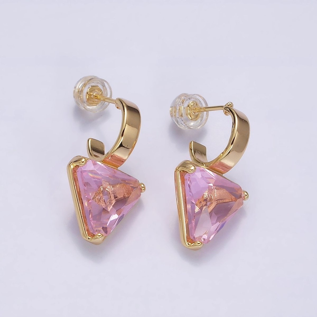 Minimalist Gold-Filled Clear, Blue, Red, Purple, Green, Pink CZ Triangle Drop C-Shaped Hoop Earrings in Gold or Silver