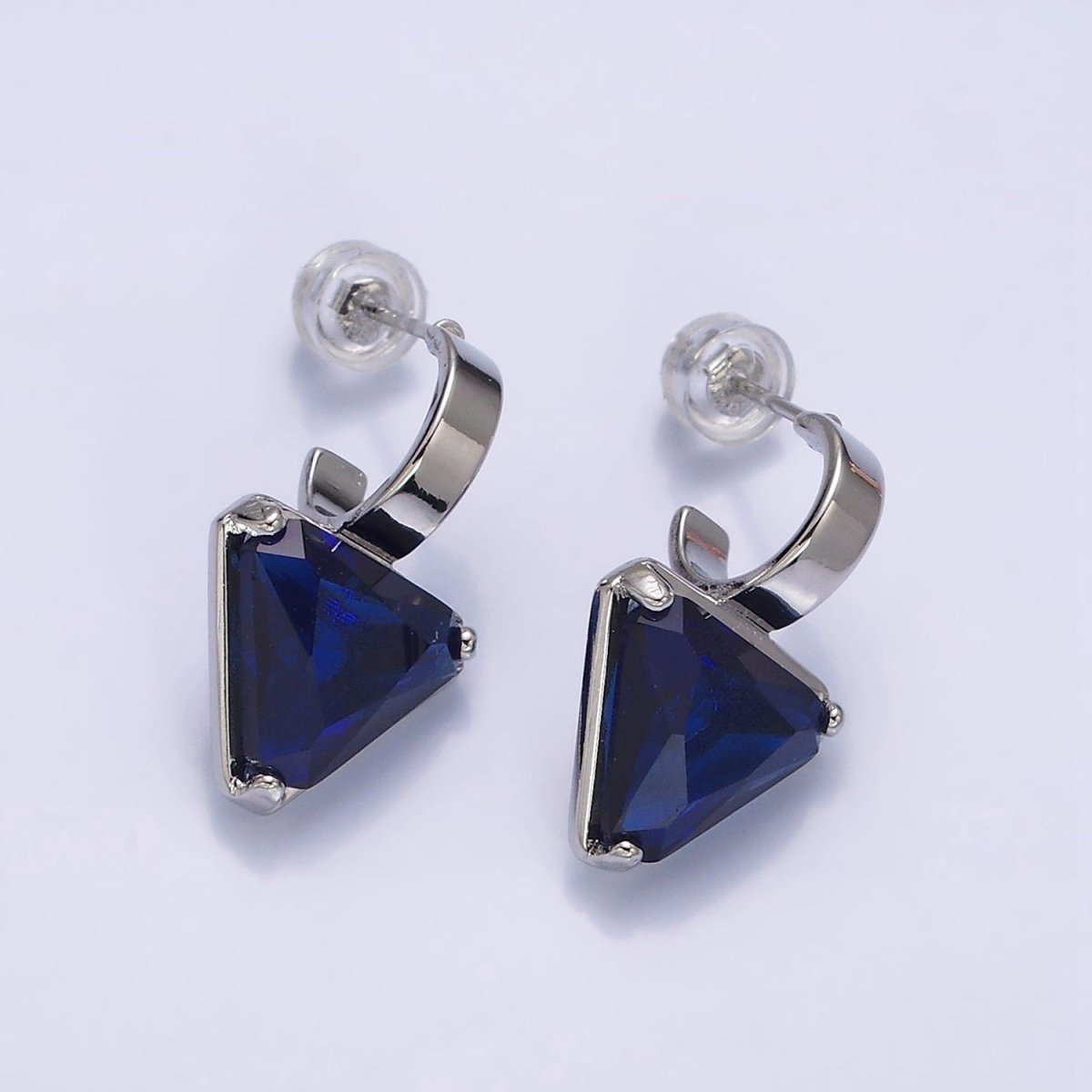 Minimalist Gold-Filled Clear, Blue, Red, Purple, Green, Pink CZ Triangle Drop C-Shaped Hoop Earrings in Gold or Silver