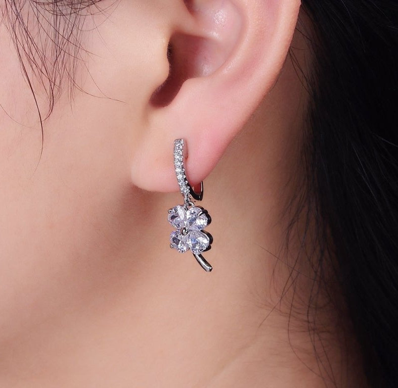 Beautiful Gold-Filled Clear Clover Quatrefoil Leaf Drop Micro Pave English Lock Earrings in Gold & Silver