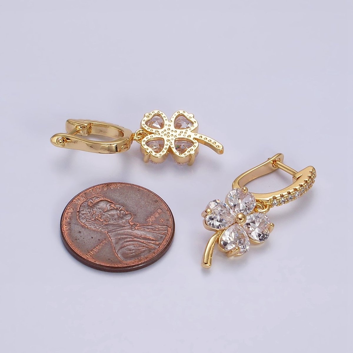 Beautiful Gold-Filled Clear Clover Quatrefoil Leaf Drop Micro Pave English Lock Earrings in Gold & Silver