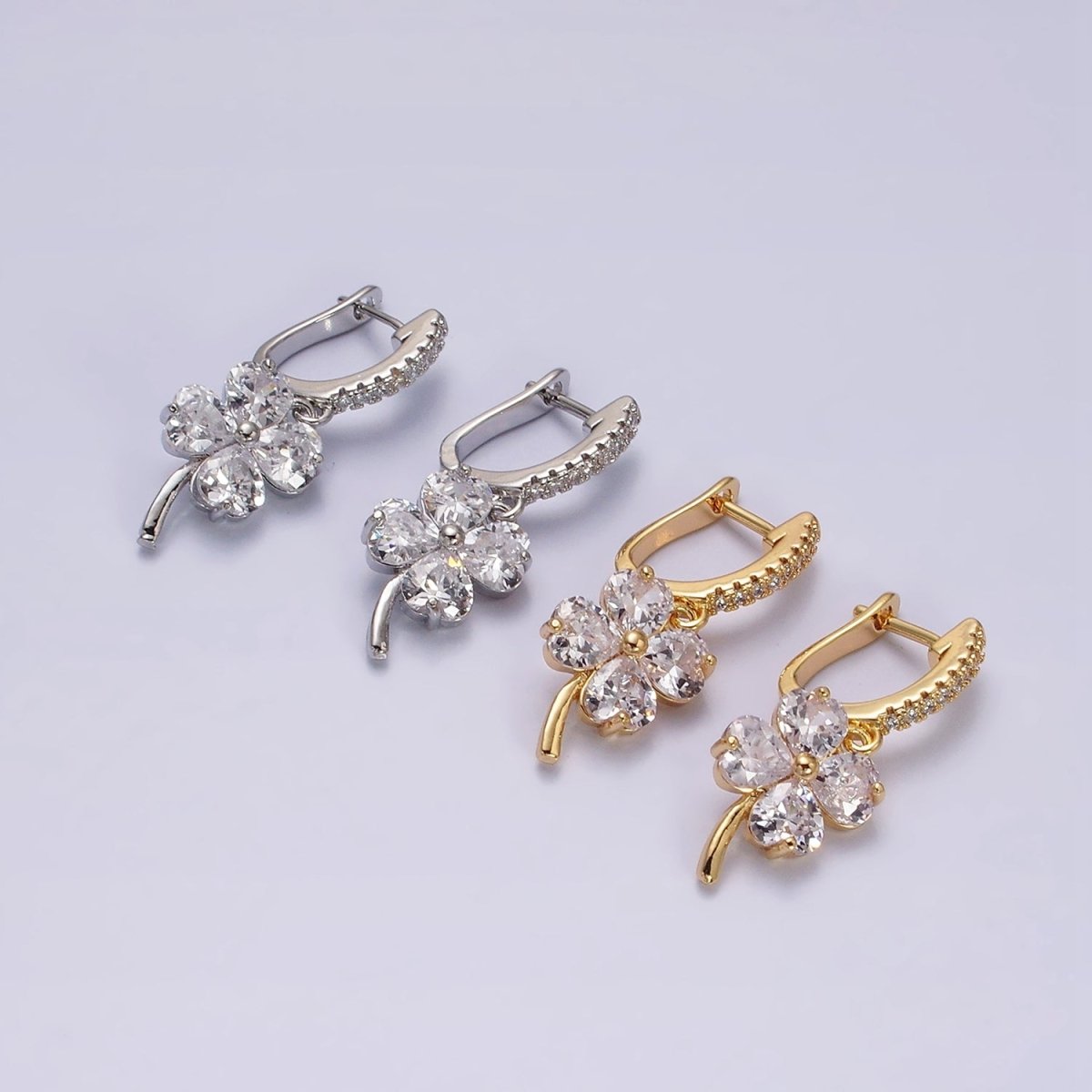 Beautiful Gold-Filled Clear Clover Quatrefoil Leaf Drop Micro Pave English Lock Earrings in Gold & Silver